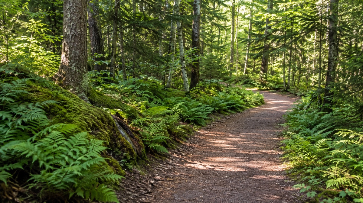 Forested walking trail on the Green Gables Heritage Place grounds, Cavendish, Prince Edward Island