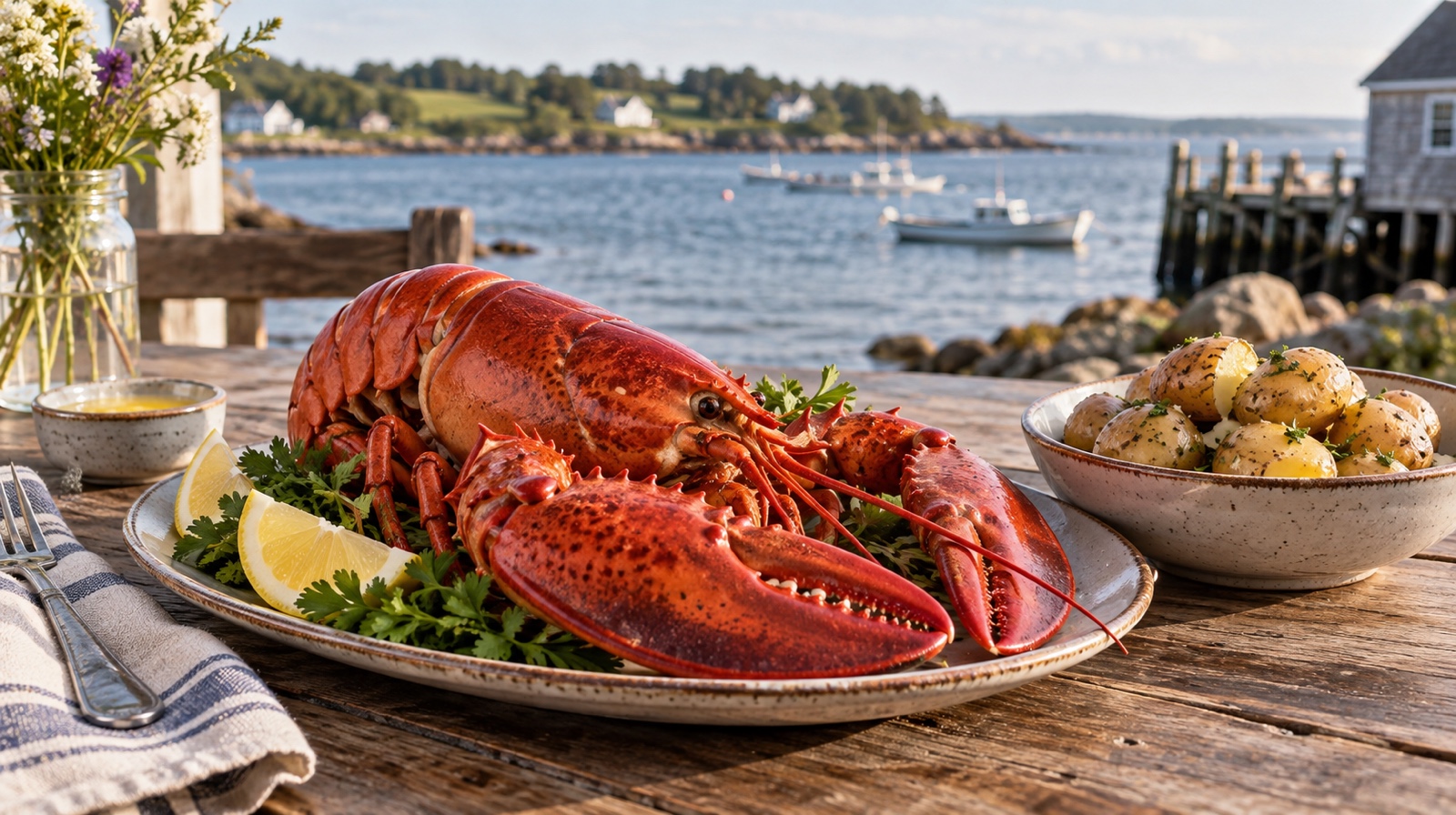 Prince Edward Island potatoes and fresh lobster served at a coastal restaurant