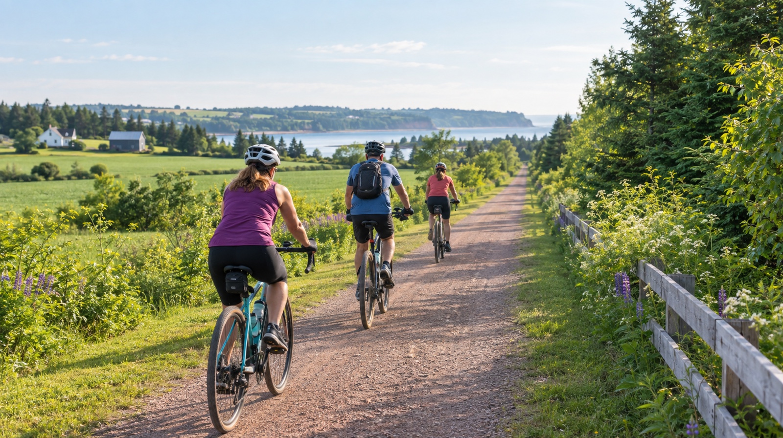 Cyclists on the Confederation Trail, a flat crushed-stone rail-trail across Prince Edward Island