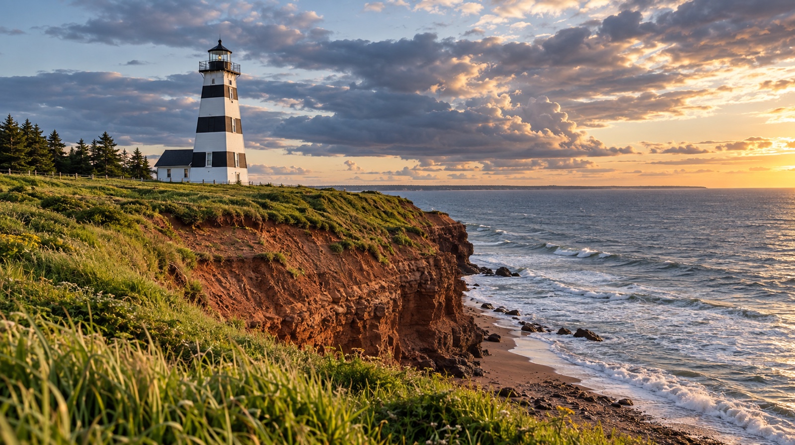 West Point Lighthouse above a red sandstone cliff on Prince Edward Island's Northumberland Strait shore