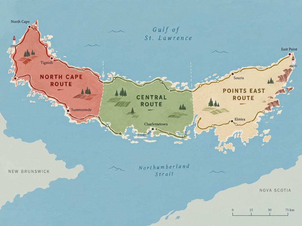 Simplified illustrated map of Prince Edward Island's three coastal touring routes
