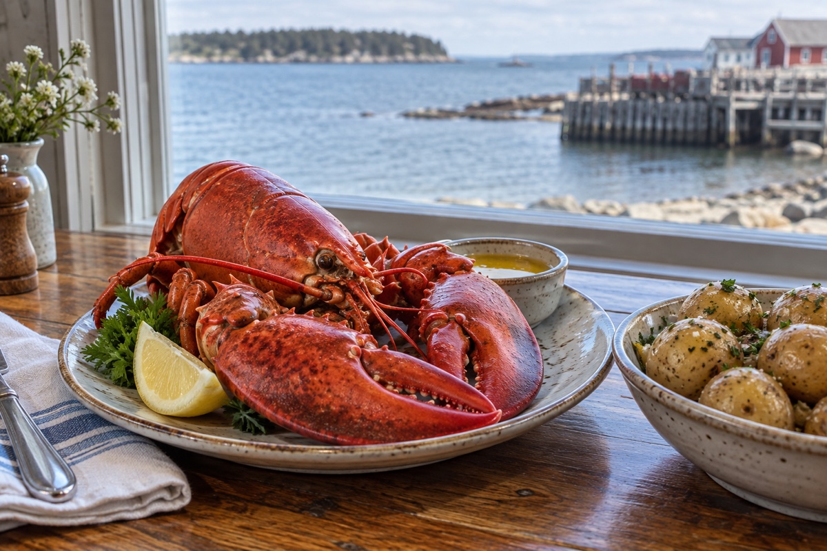 Prince Edward Island potatoes and fresh lobster served at a coastal restaurant
