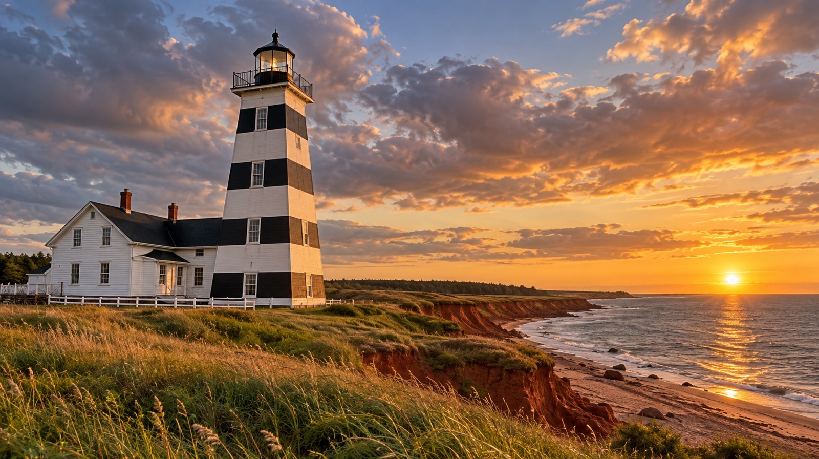 West Point Lighthouse, a black-and-white striped tower on Prince Edward Island