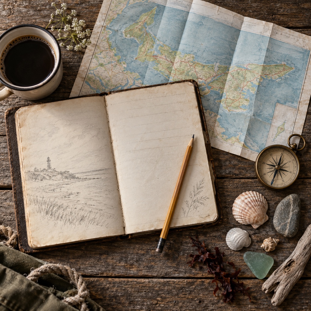 Weathered field notebook and paper map laid out for trip planning