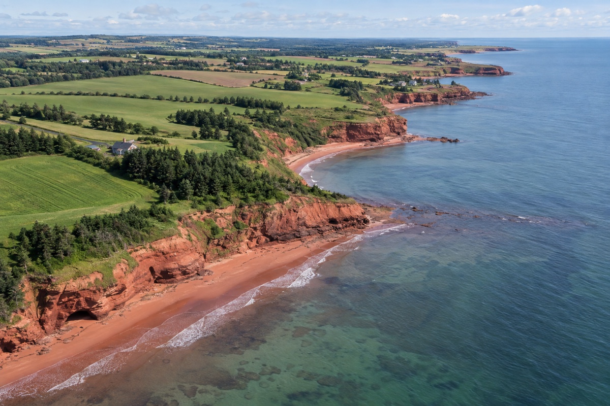 Aerial view of Prince Edward Island's red shoreline meeting green farmland and blue water