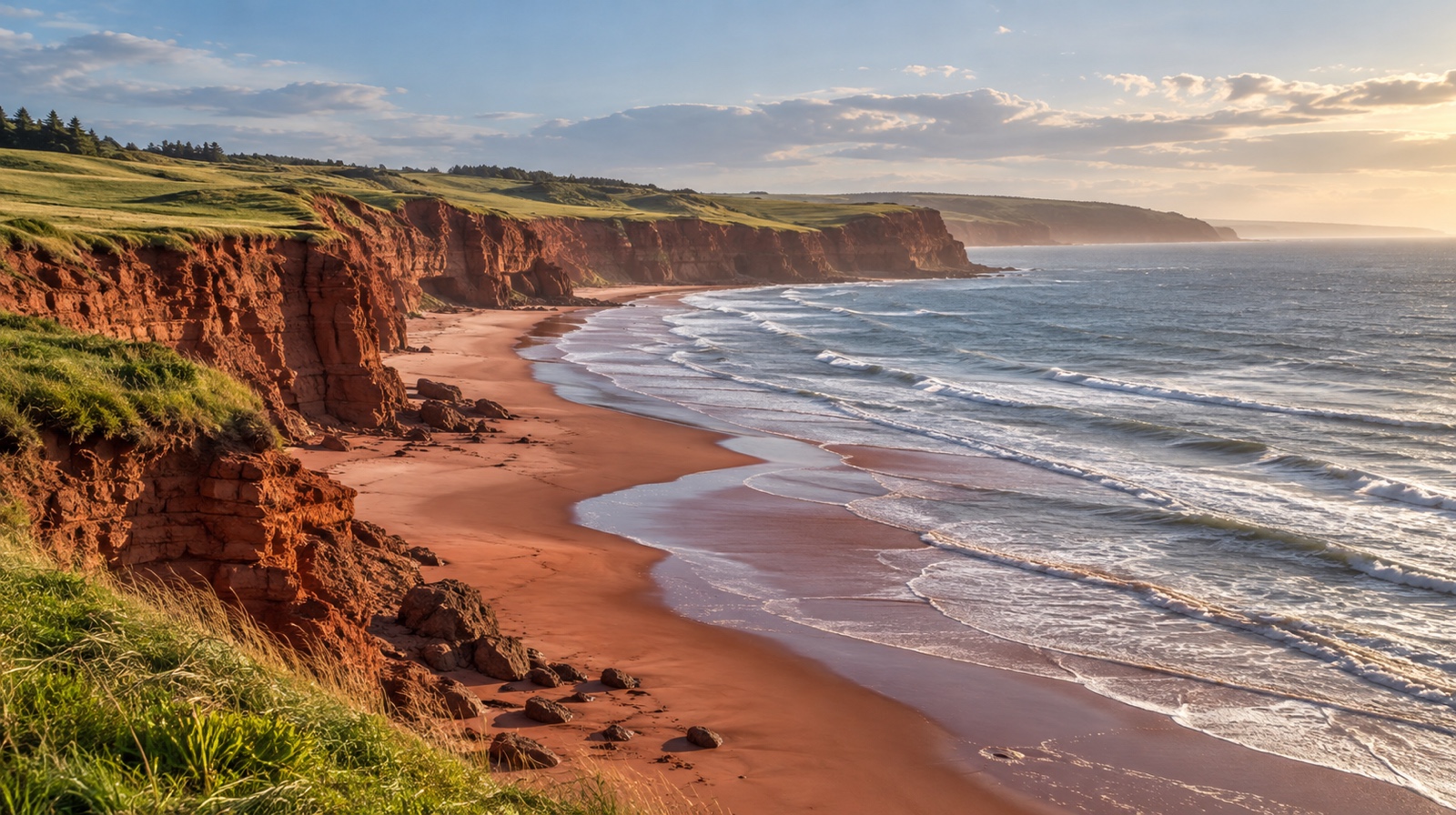 Red sandstone cliffs and red sand beach on Prince Edward Island's north shore