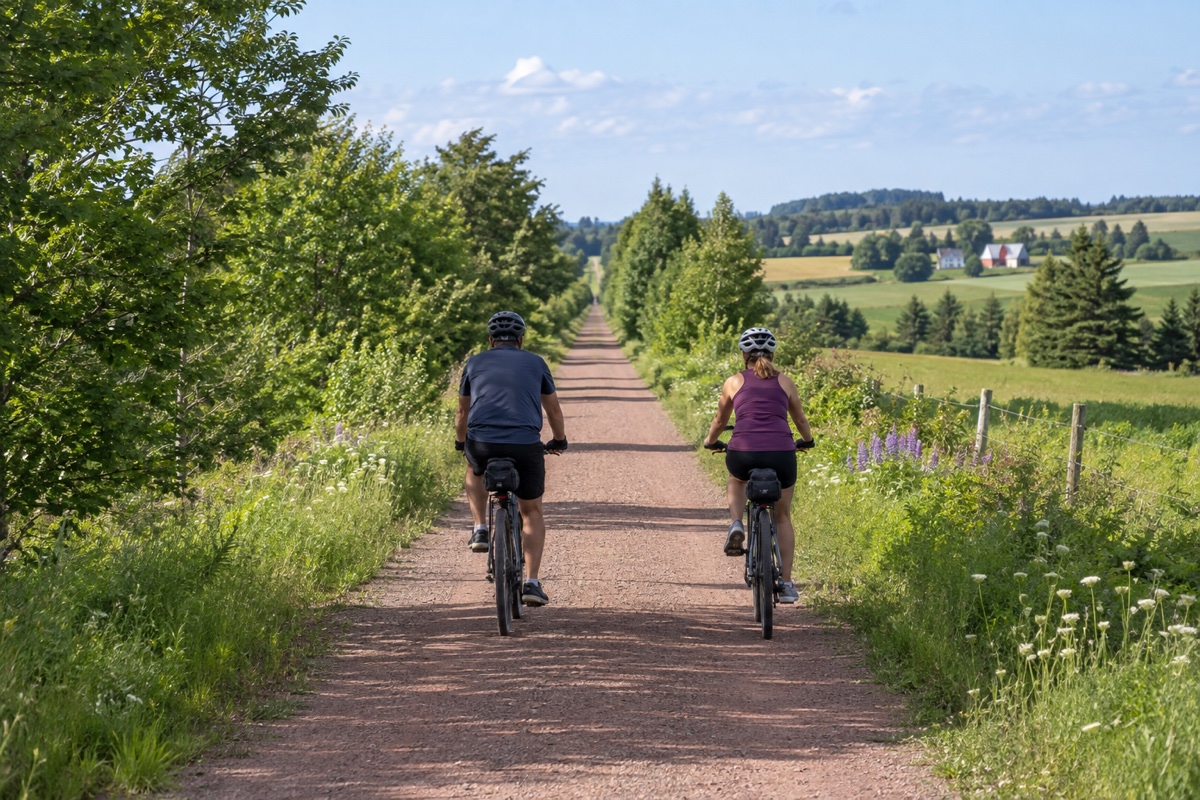 Cyclists on the Confederation Trail, a converted rail corridor across Prince Edward Island